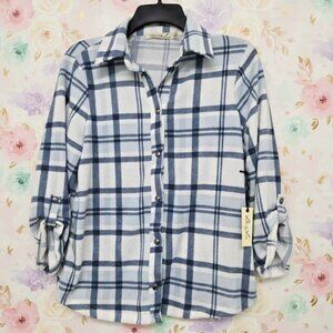 Liberty Love* Blue & White Plaid Shirt* Permanent Cuffed Sleeves* Size: L